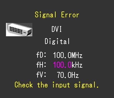 Problem The message shows that the input signal is out of the specified frequency range. (Such signal frequency is displayed in magenta.