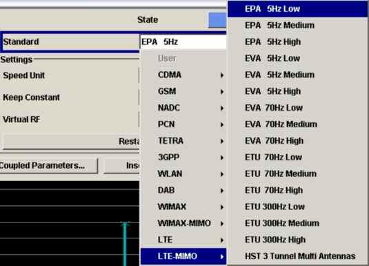 LTE MIMO menu, e.g. EPA 5Hz Low (Enhanced Pedestrian A, low correlation).