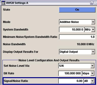 Measurement Setup In the AWGN menu set the System Bandwidth (e.g. 10 MHz), the desired Signal/Noise Ratio (e.g. 0.