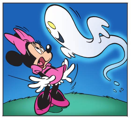 Mickey is scared of the monster. Minnie is scared of ghosts. Mickey is scared of Pluto. 0 Ask and answer.