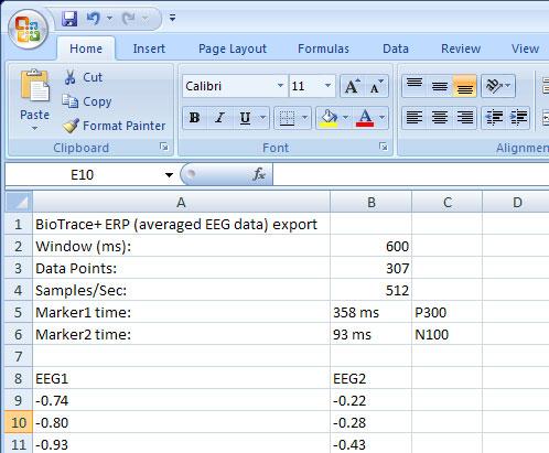 BioTrace+: ERP/EP Data Export When the ERP or EP presentation pressing the Save ERP: ASCII file button in the ERP Analysis dialog box, you can export the averaged response waveforms to an ASCII file.