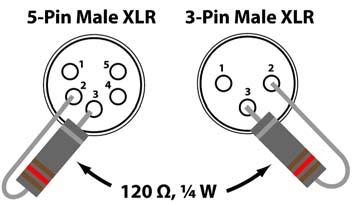capacitance between conductors: 30 pf/ft Maximum capacitance between conductor and shield: 55 pf/ft Maximum resistance: 20 ohms/1000 ft Nominal impedance: 100~140 ohms Each DMX cable must have a male
