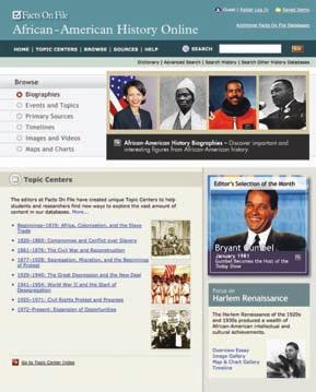 u 2012 Online Databases African-American History Online Complete coverage: more than 500 years of the African-American experience Overview era essays: overview essays outlining time periods Unique