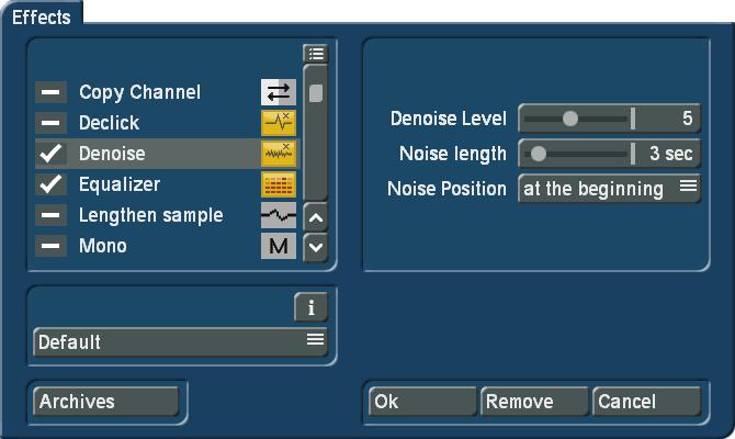 82 Chapter 4 (14) The Effects button calls up the Audio Effects menu. Audio effects can be applied to either a single audio sample or a complete sound track.