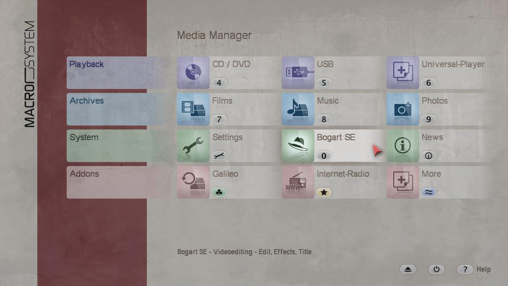 Bogart SE 5 User manual 91 Chapter 7: Media Manager S G The Media Manager is only available when you have activated the Silver or Gold Edition. 7.1.1 Unlocking standard and add-on software for the Media Manager Note: This text often talks about RelaxVision and Media Manager.