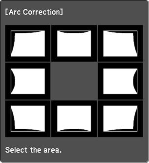 3. Select the Settings menu and press Enter. 4. Select the Geometry Correction setting and press Enter. 5. Select the Arc Correction setting and press Enter.