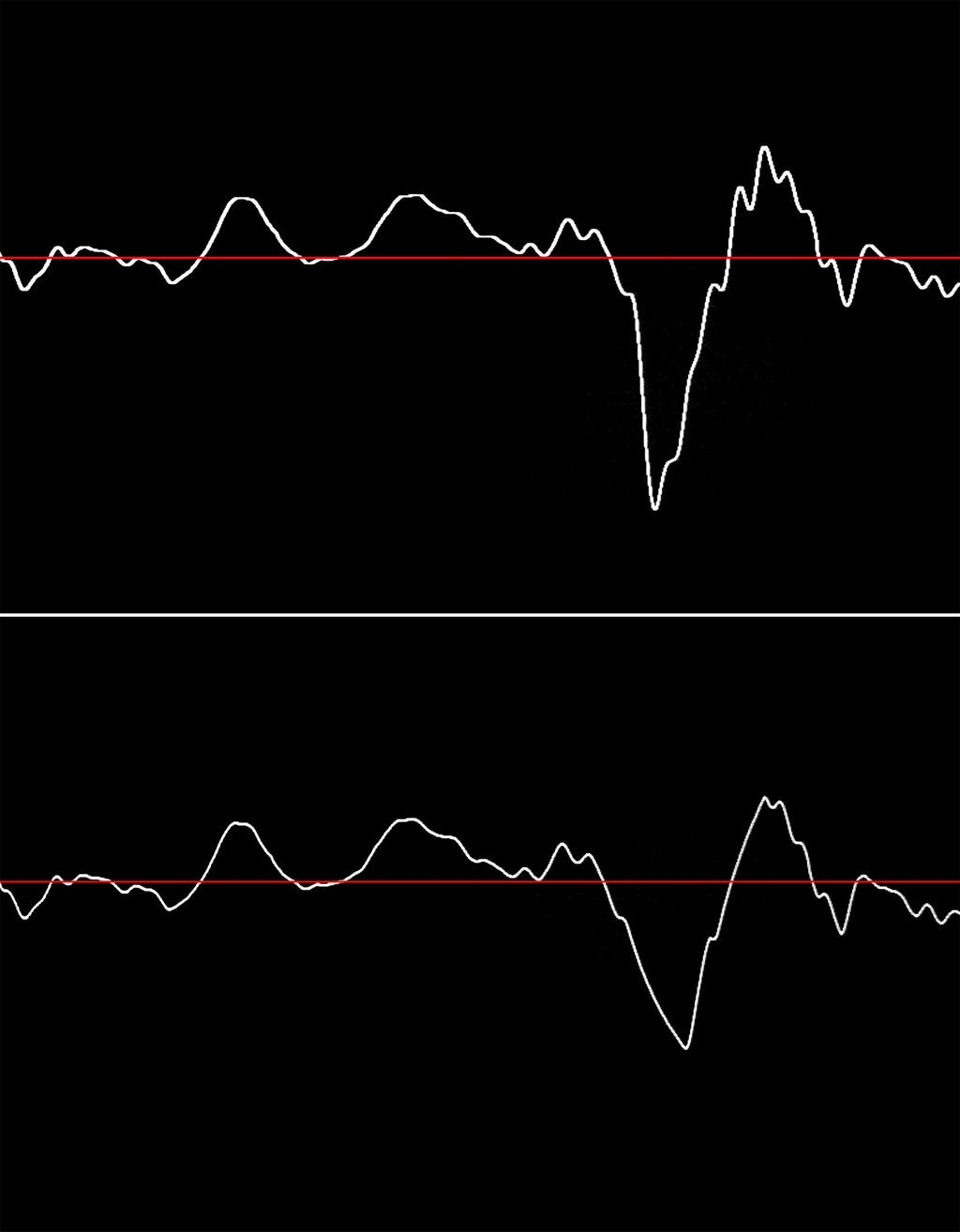 The top wave shape is a vocal recoding The bottom is the same slowed down by