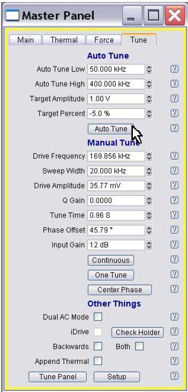 FRQUENCY TUNING IN AC (TAPPING) MODE 1. In software program Master Panel, select the Tune tab (Figure 10). 2. Set Target Amplitude to 1.0 V. 3. Set Target Percent to 5.0 %. 4.