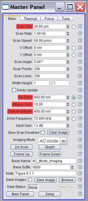 distance for AC mode imaging [2]. HARD ENGAGEMENT 1. Click the Main tab in Master Panel (Figure 13). 2. Select a Set Point voltage that is around 20% off the free air amplitude voltage. (E.g., if the free air amplitude is 1.