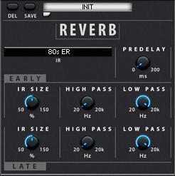 Reverb Load (rounded target), Save and Delete channel presets Load an IR (Impulse Response) Set the Predelay (0 to 300 ms) Set the IR Size, High Pass and Low Pass for the Early Refections portion of