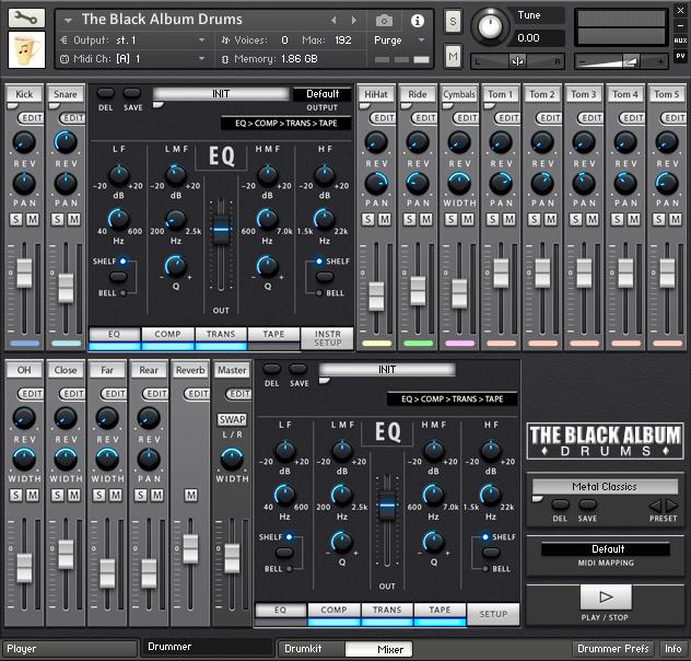 Mixer Page Click on the rounded target below each drum channel s label or on the label itself to open the drum selection menu Adjust Solo, Mute, Volume, Pan or Width (for stereo channels) and Rev