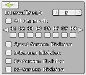 switches between channels with designated interval. The DVR shows each channel in a single-split mode.