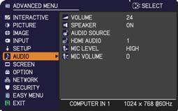 Item VOLUME SPEAKER AUDIO SOURCE Description Using the / buttons adjusts the volume. Low High Using the / buttons turns on/off the built-in speaker.
