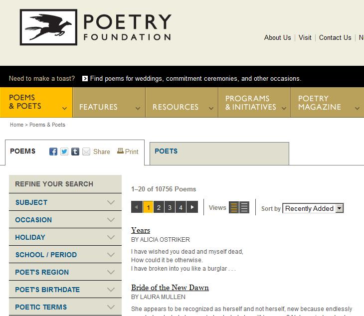 Seven facets aimed specifically at the browsing of poems http://www.poetryfoundation.