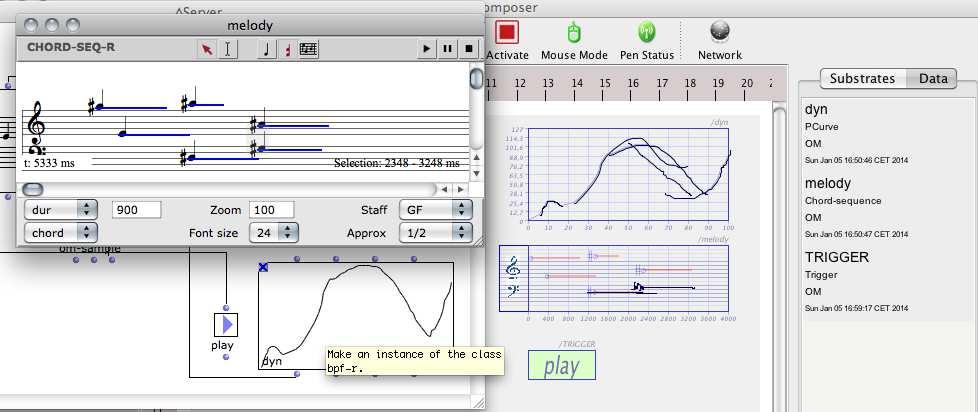1 Figure : Synchronizing data between an external music tool (OpenMusic) and PaperComposer. (1) OpenMusic patch with a graph and chord sequence, exportable via a custom OpenMusic library.