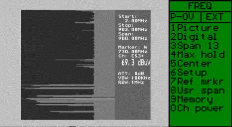 Figure 9. Information and main menu in spectrum mode. VBW and RBW stand for Video-Bandwidth and Resolution-Bandwidth which is explained later on in this manual.