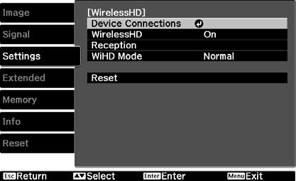 Useful Funtions WirelessHD Settings Menu a Press the button. The Configuration menu is displayed. Make settings for eah of the displayed funtions. b Selet Settings - WirelessHD.