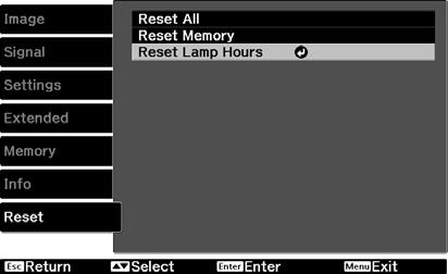 Maintenane Selet Reset - Reset Lamp Hours.