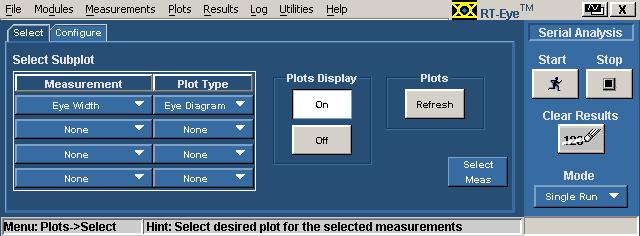 Plots Select Menu Options Table 34. Plot select menu options Area Option Description Select Measurement Select an active measurement to plot. Subplot Plot Type Select the type of plot to depict.