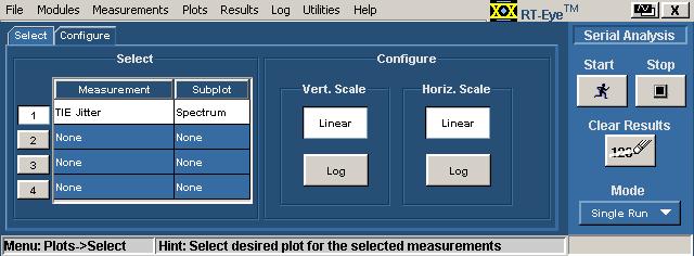 Plots Configure Menu Options for a Spectrum Note: For more information, refer to Spectrum Plot Usage. Table 37. Plots configure menu options for a spectrum Option Description Vert.