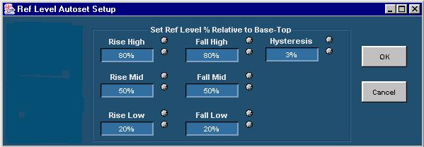 Reference Level Autoset Setup Menu Options Table 16. Reference level autoset setup menu options Option* Description** Rise, High Sets the high threshold level for the rising edge of the source.