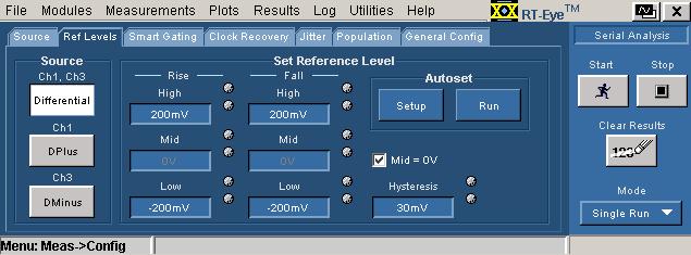 Configure Ref Levels Menu Note: The Source DPlus and DMinus options are only usable when you select Single-Ended as the Probe Type option in the Measurements> Select menu.