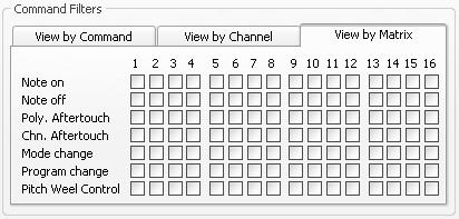 On View by Channel, Command Filters shows all MIDI channels, on which the MIDI commands can now be filtered.