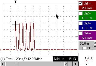 Demo: no. 9 : Comb rapid pulses Comb of 6 very brief pulses, with a low repetition frequency Vpp 2 V (with 50 Ohms load or not) - L+ 7 ns - F 8 khz 50 µs/div., then 50 ns/div. - MAIN = 500 mv/div.
