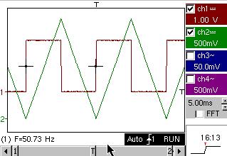 1 Demo: & MTX105x SPO b) no. 14 : Harmonics 2 signals, one square one triangle a) Signal frequency 50Hz, Vpp 3.2V (triangle), Vpp 3.