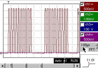 Demo: no. 3 : Pulse train 1 signal presenting trains of 10 pulses with a variable interval Vpp 3.4 V - F 32 khz - L+ 16 µs - Train interval 100 to 180 µs 100 µs/div. - MAIN = 500 mv/div.