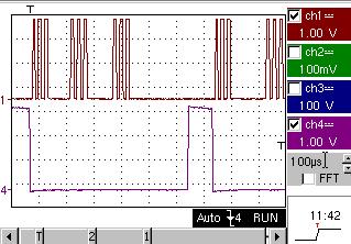 1 Demo: no. 4 : Data train + CS 2 signals - one CS (chip select) and one digital frame (data) Vpp 3.4 V - F 40 khz (data) - F 1.5 khz (CS) 200 µs/div. - MAIN = 1 V/div.