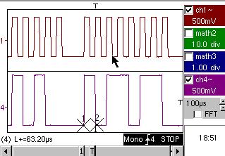 Demo: c) c) c) no. 5 : Data frame - Fault 2 signals from a communication bus with clock & data Vpp 3.4 V - F 31 khz (clock) - 30 µs < L+ < 200 µs (data) 20 ou 25 µs/div. - MAIN = 1 V/div.