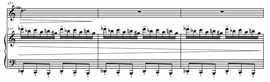22 igure 2 A reduction o Concerto or Trumpet and Orchestra y Liy Larsen, Movement I, measure 177 At the end o this long passage, in measures 192-19, the trumpet part calls or the pitch C to e played