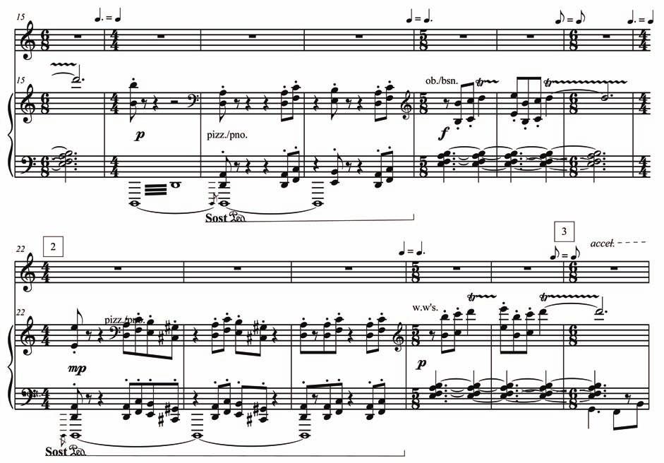 3 igure 52 A reduction o Concerto or Trumpet and Orchestra y Liy Larsen, Movement I, measures 15-27 In measure 30 (and similar measures in the movement),
