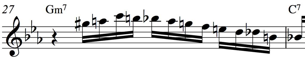 In comparison to Lotus Blossom where chromatic approach usually takes the form of a run of three or more notes, most cases of chromaticism in Take the A Train are found in the form of one-note