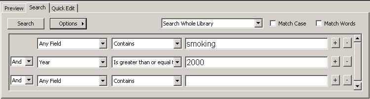 Click on Search tab in top pane of the library window. Author names must be entered one per line. With the cursor in the Author field, type the first author's name, then press the Enter key.