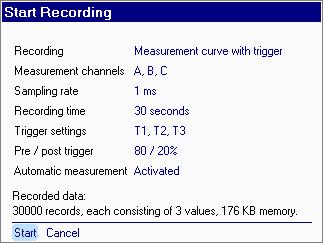 To do this, you make the following settings: Recording: Measurement curve with trigger Channels: A, B, C Sampling rate: 1 ms Recording time: 30 seconds Trigger settings: Event 1: channel A increases