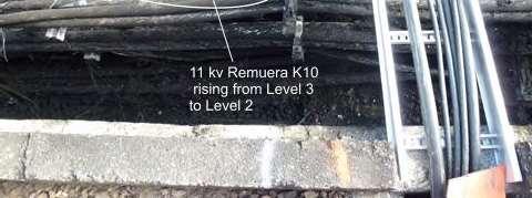 Figure 12 11 kv Remuera K10 cable rising from Level 3 to Level 2 Figure 13 shows a parted cable support frame at 69.5 m chainage.