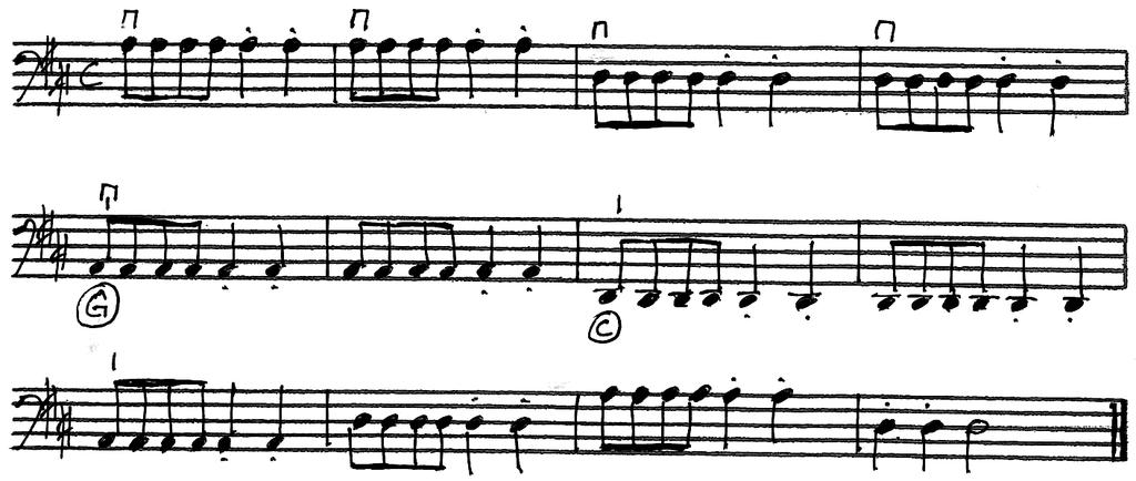 * The crotchets (1/4 notes) have a dot to indicate a short character (like in Twinkle, twinkle).