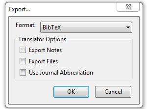 The system will respond with a pop-up window for defining the export format for the citations.