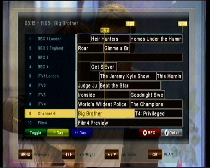 Navigating on the first level of EPG (Multi-EPG) The currently active channel and the current programme are highlighted.