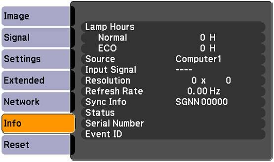 Note: Available settings depend on the current input source. The lamp usage timer does not register any hours until you have used the lamp for at least 10 hours.