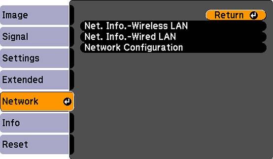 3. Select the Network menu and press Enter. 4.