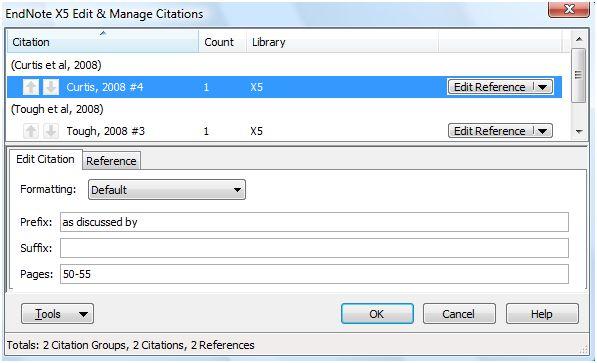 5. To insert your selections click on the Insert Options in the Find Citation dialogue window or Insert Selected Citation(s) from the dropdown if you have pre-selected a reference or references in