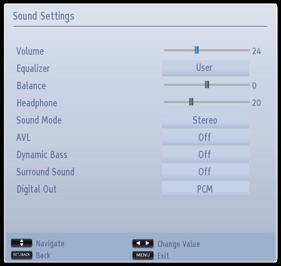 Configuring Sound Settings You can configure sound settings of your TV by using Sound Settings menu. Configuring Sound Settings Sound settings can be configured according to your personal preferences.