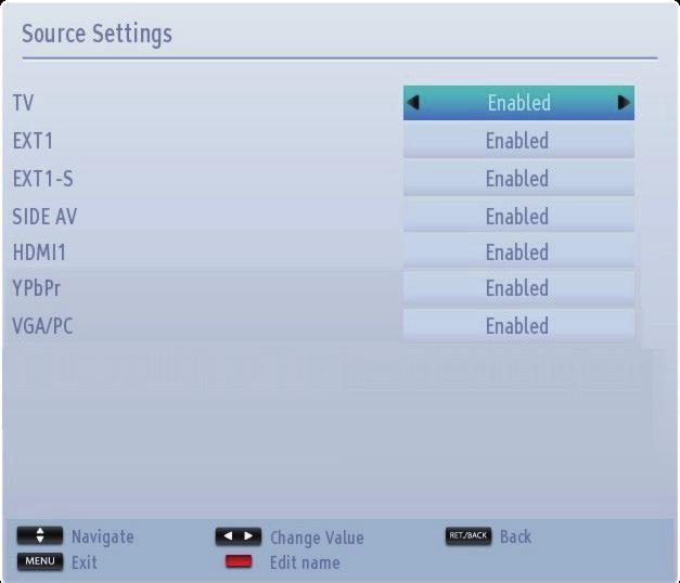 Source Settings, Other Controls Configuring Source Settings You can enables or disable selected source options. The TV will not switch to the disabled source options when the SOURCE button is pressed.