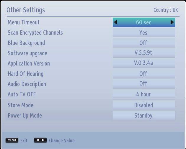 Press the MENU button on the remote control to exit. To view general configuration preferences, select Other Settings in the Settings menu and press OK button.