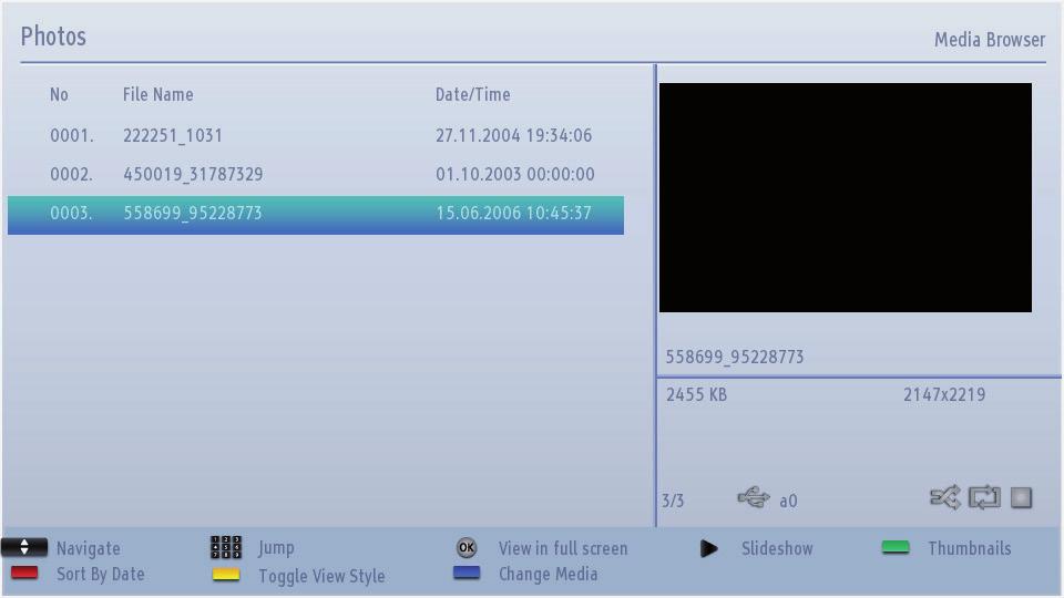 USB Media Browser - continued This TV allows you to enjoy photo, music or video files stored on a USB memory Playing MP3 Files To play mp3 files from a USB memory, you can use this menu screen.
