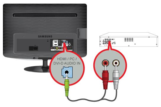 Connect the red and white plugs of an RCA to stereo (for PC) cable to the same coloured audio output terminals of the digital output