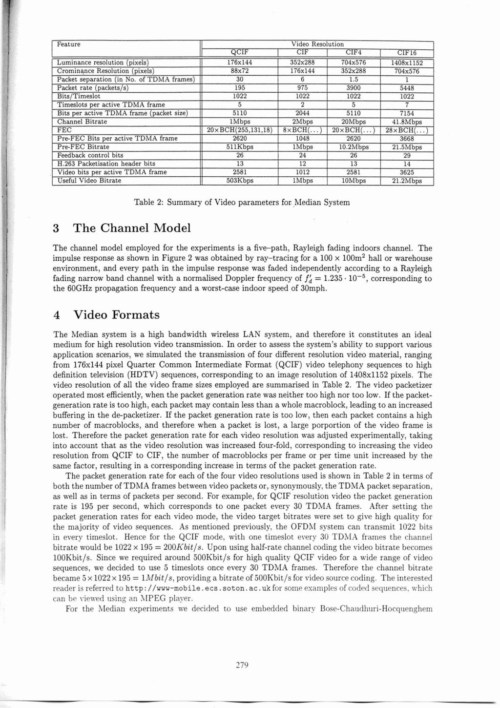 3 The Channel Model Table 2: Summary of Video parameters for.,median System The channel model employed for the experiments is a five-path, Rayleigh fading indoors channel.